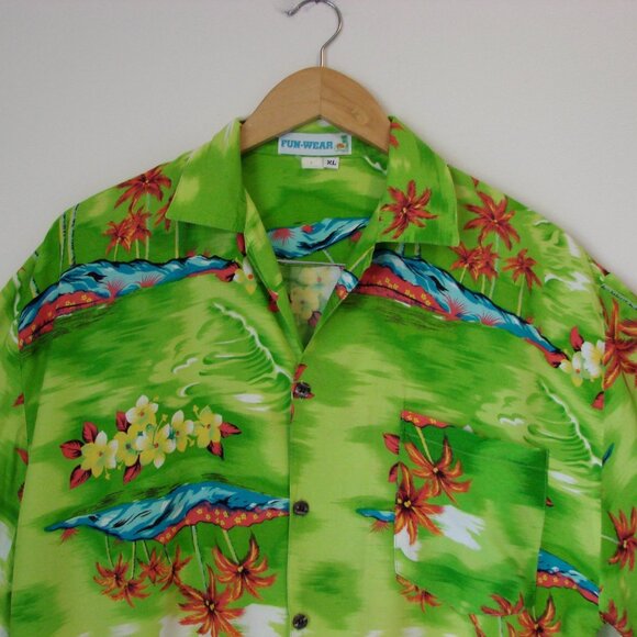 Hawaiian Shirt Floral Palm Trees Button Down Bright Colours Green Orange Size XL - Picture 2 of 12